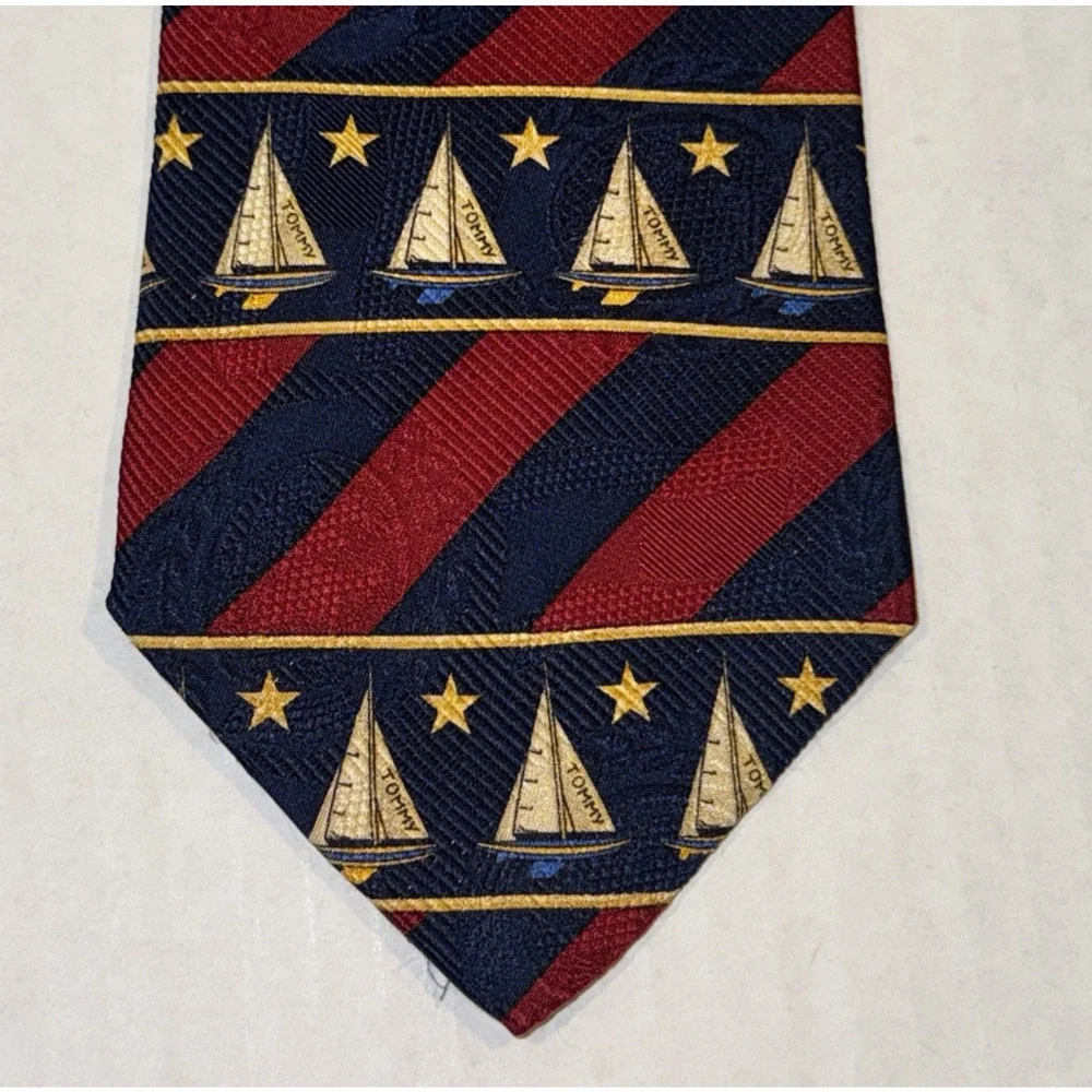 Tommy Hilfiger Nautical Tie Red Navy Sailboats Italian Silk Made in USA REPP